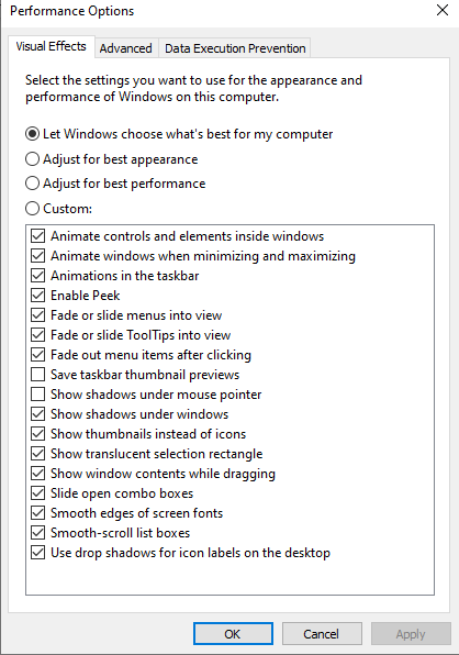 adjust the appearance and performance of windows
